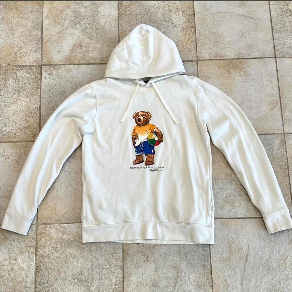 Sold! Ralph Lauren White Thick Hoodie with Beach Ball Bear and Pockets